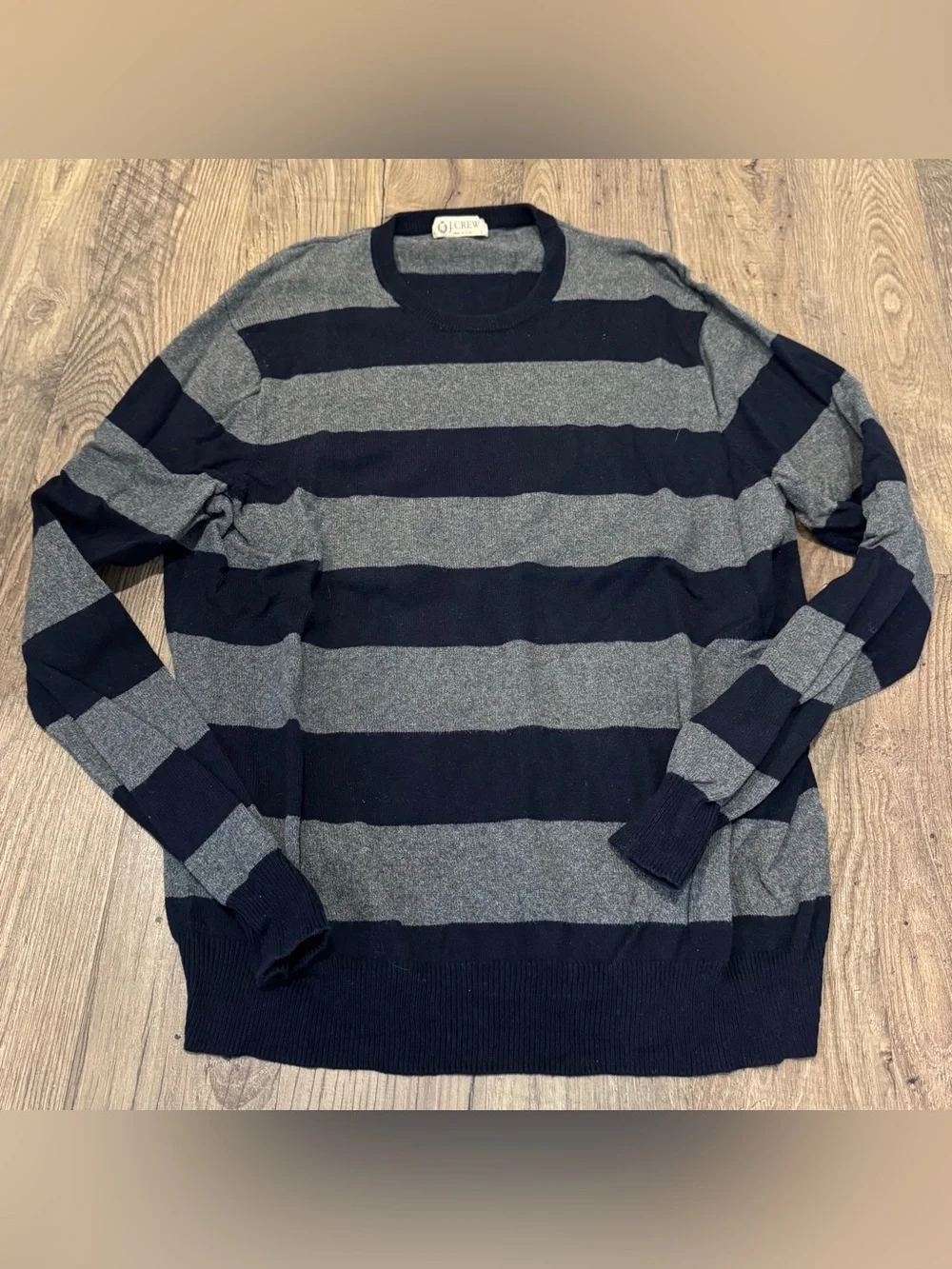 EUC J. Crew Men's Wide-Stripe Crewneck Sweater - Navy and Gray - Large
